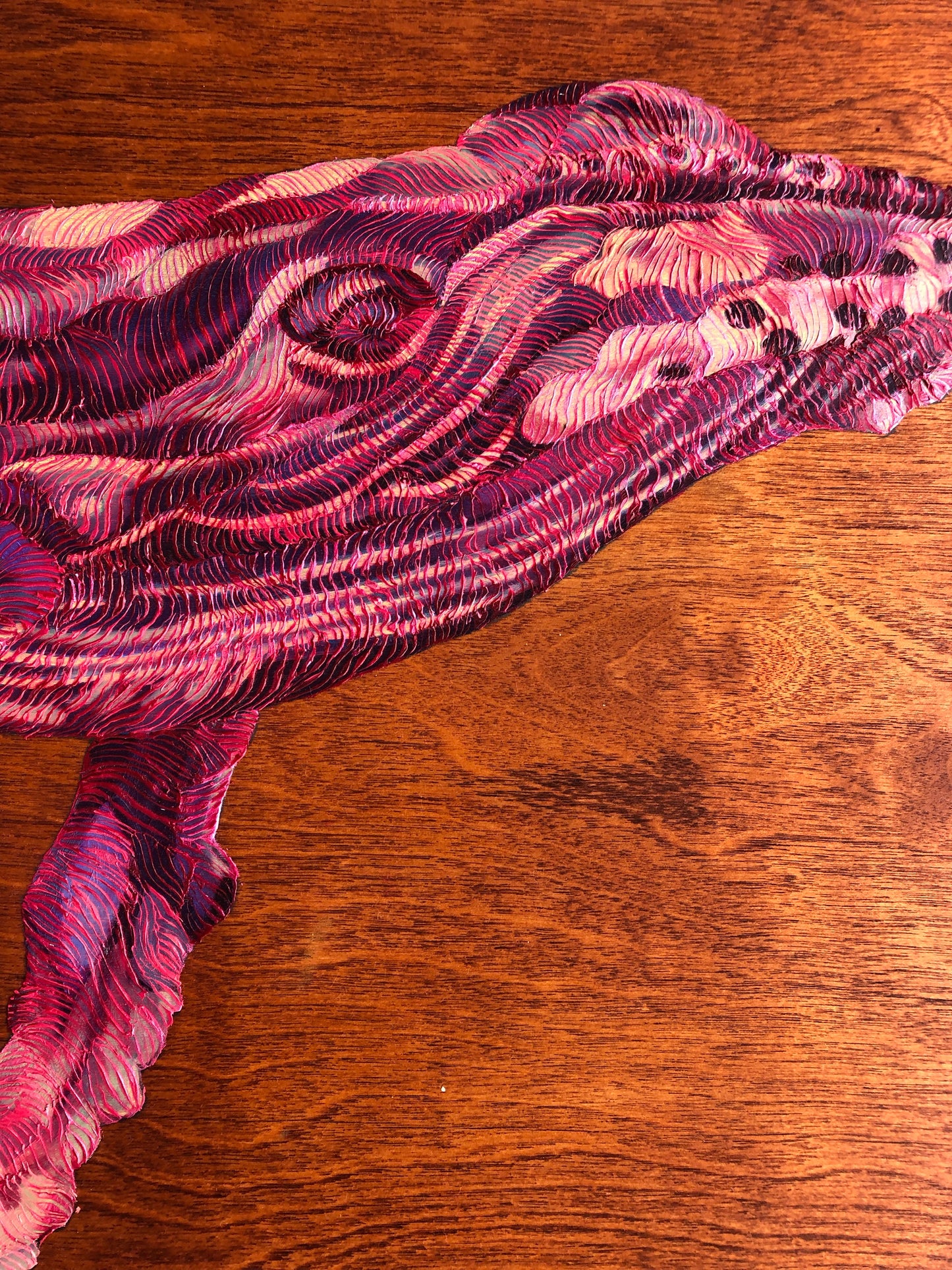 Sunset Pink Humpback Whale - Study 1. Stained Wood Background.