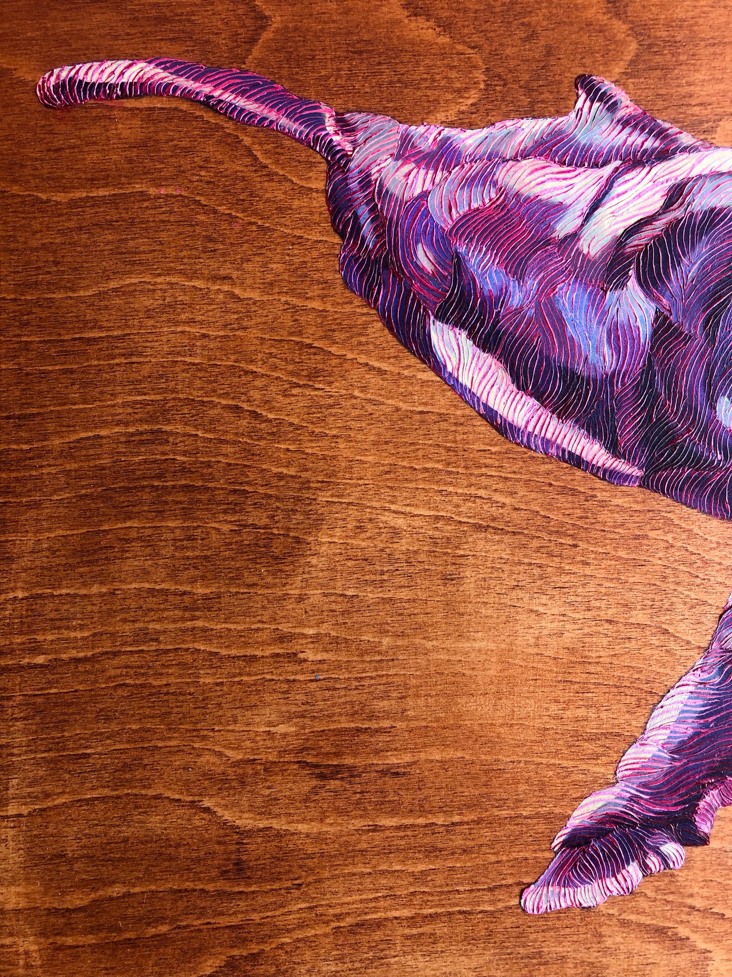Sunset Pink Humpback Whale - Study 1. Stained Wood Background.