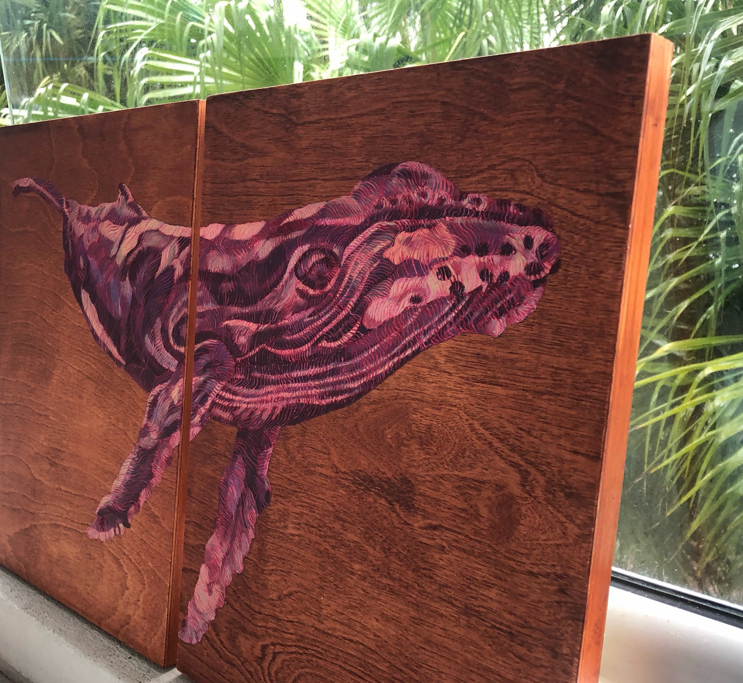 Sunset Pink Humpback Whale - Study 1. Stained Wood Background.